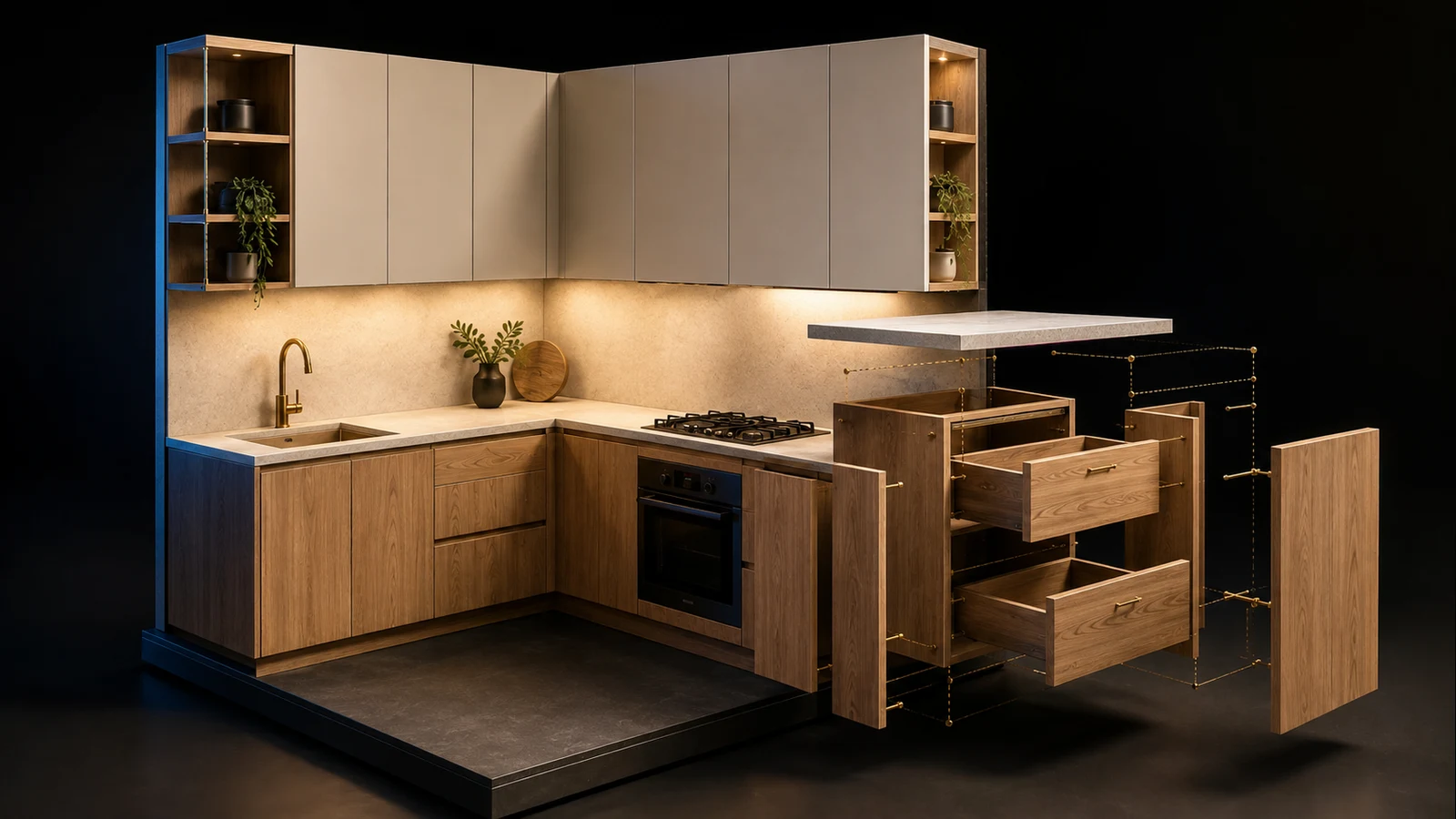 Oak and ivory kitchen with one drawer cabinet separated into aligned panels, drawers and worktop