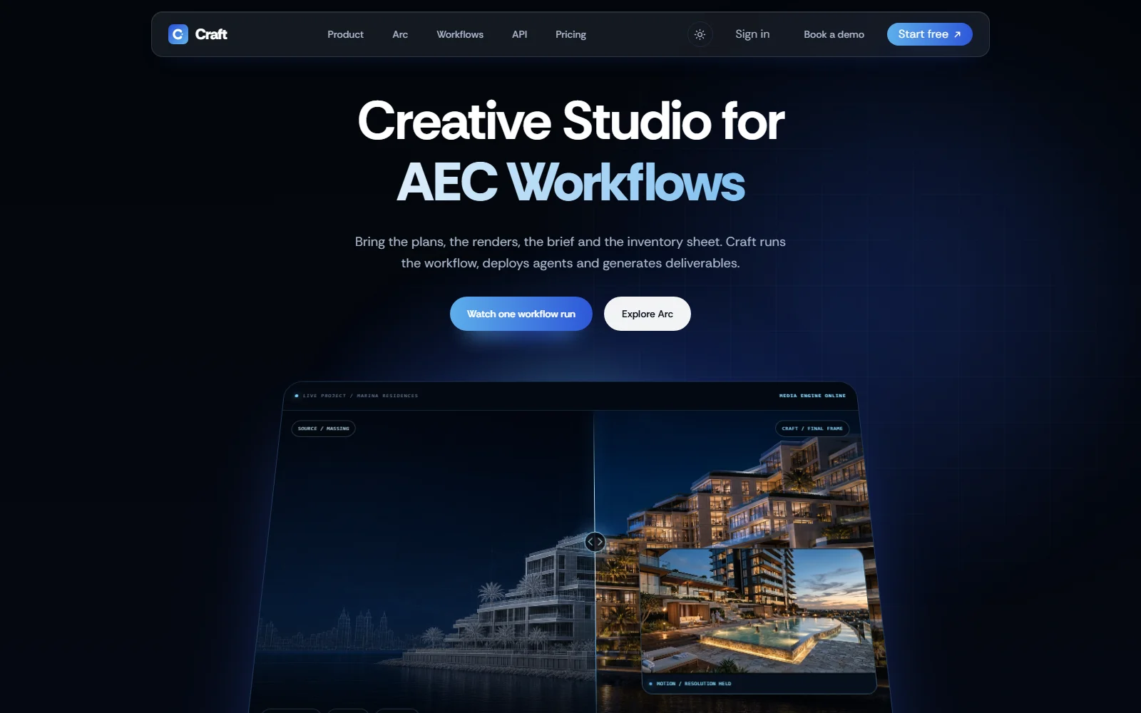 Craft public homepage presenting its AEC creative workflow and a waterfront development shown as massing and a finished render